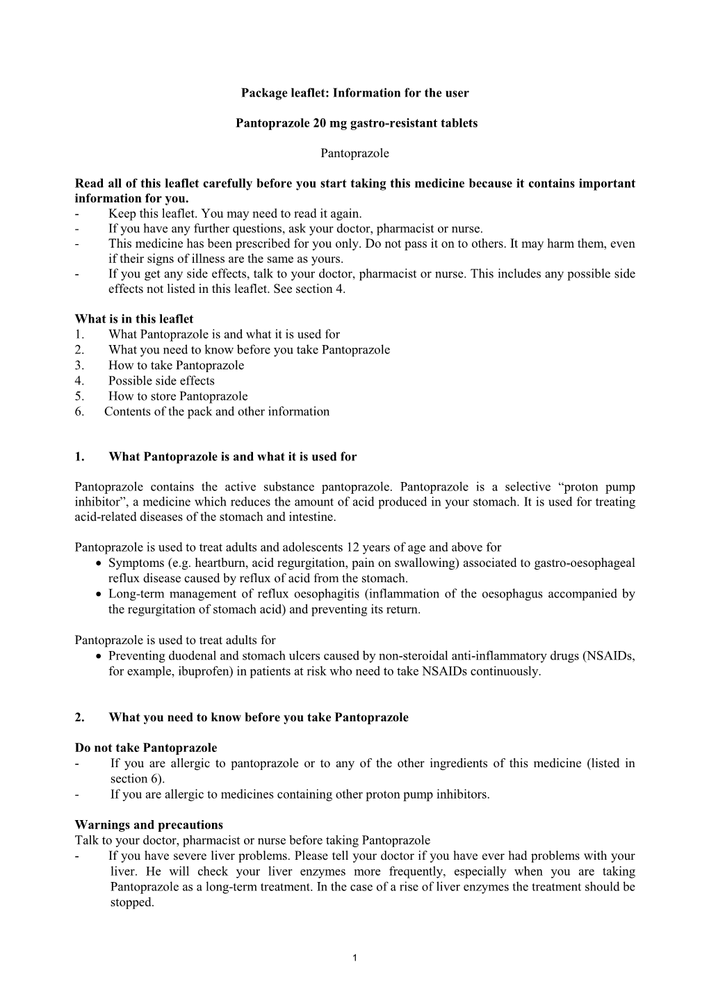 Package Leaflet: Information for the User Pantoprazole 20 Mg Gastro