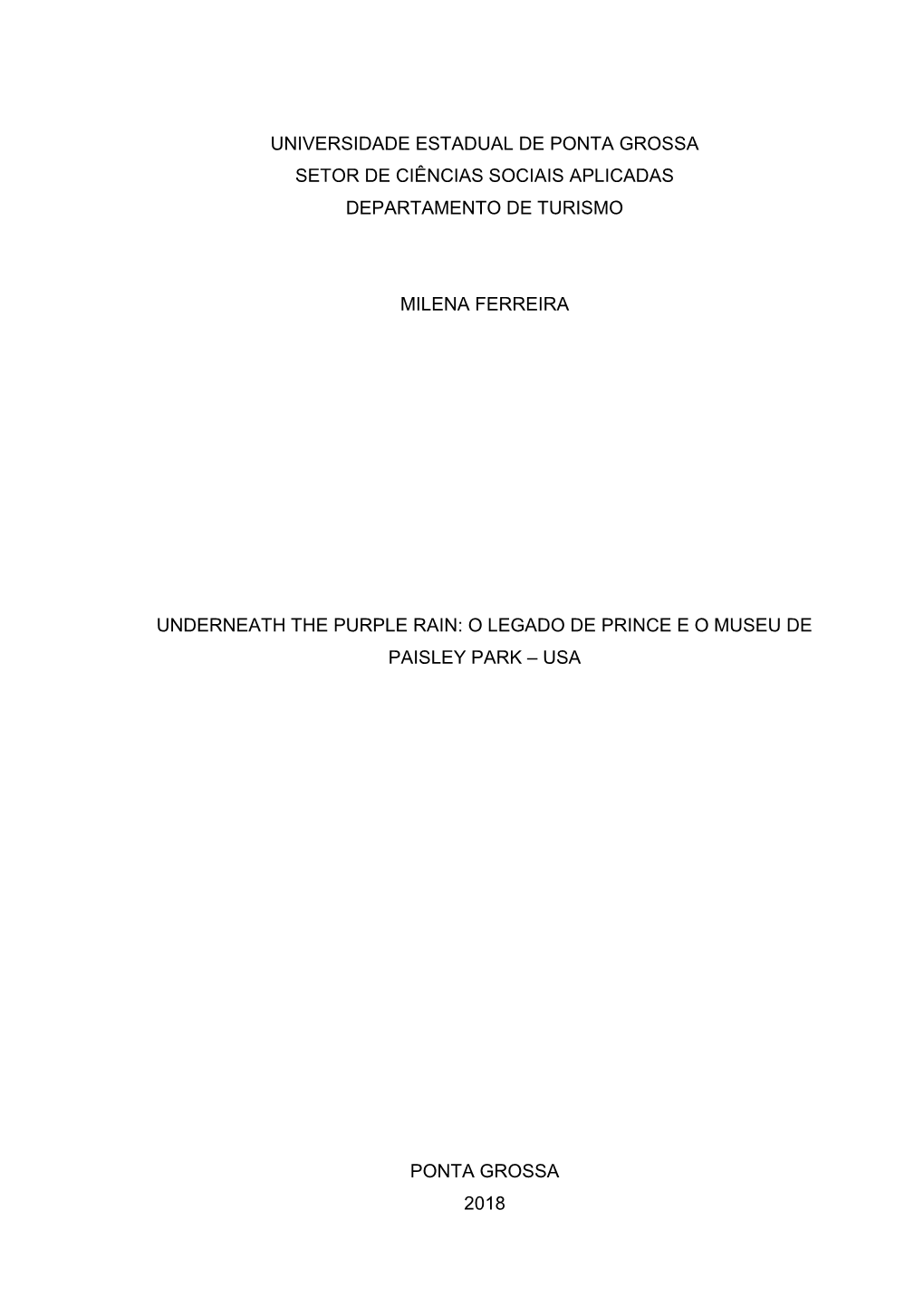 Universidade Estadual De Ponta Grossa Setor De Ciências Sociais Aplicadas Departamento De Turismo