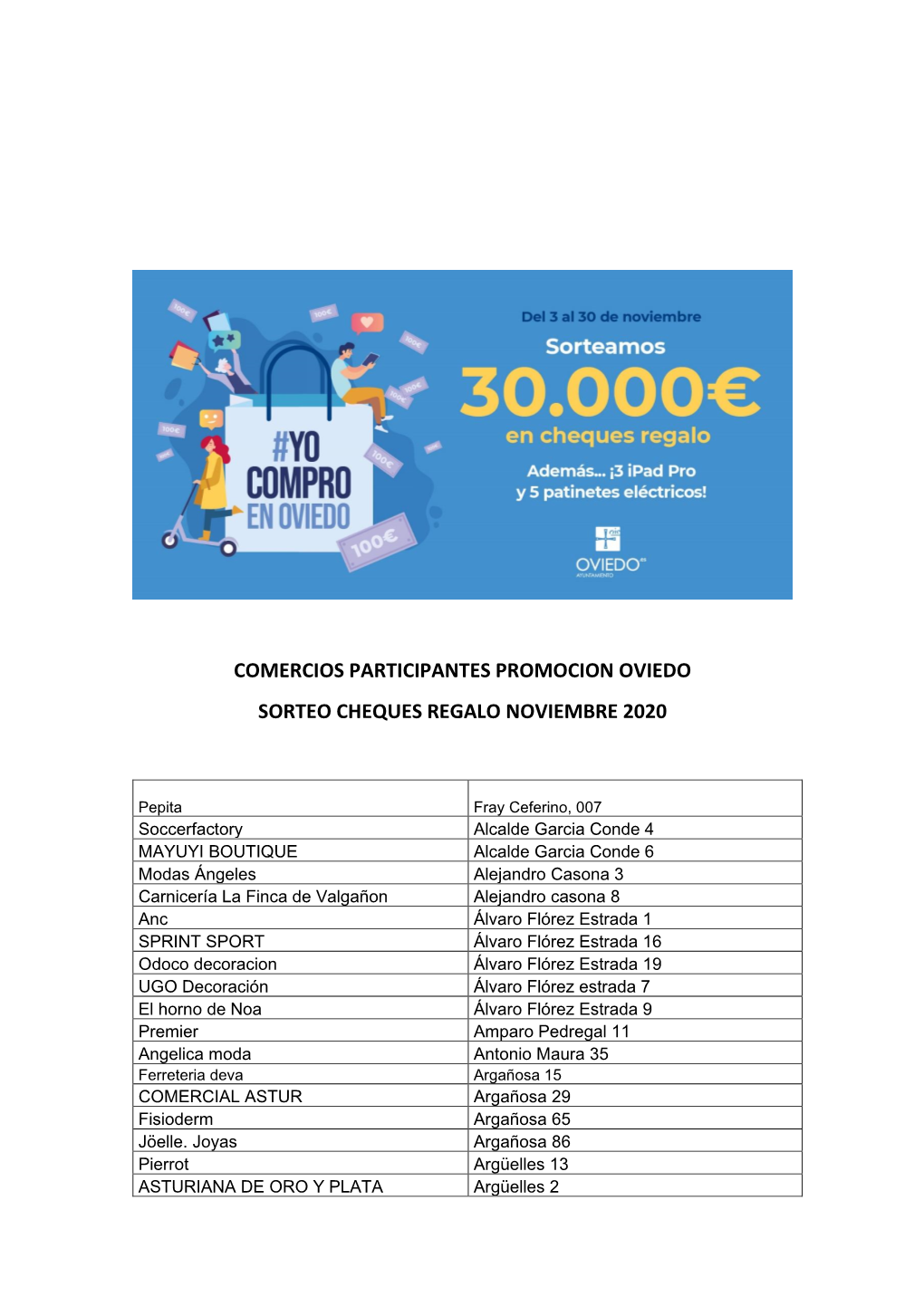 Comercios Participantes Promocion Oviedo Sorteo Cheques Regalo Noviembre 2020