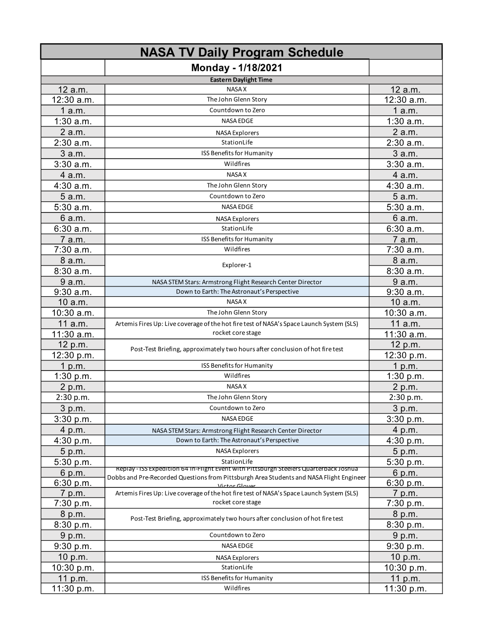 NASA TV Schedule for Web (Week of 1-18-2021).Xlsx