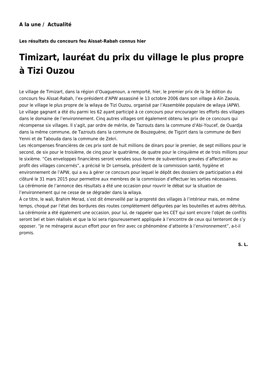 Timizart, Lauréat Du Prix Du Village Le Plus Propre À Tizi Ouzou