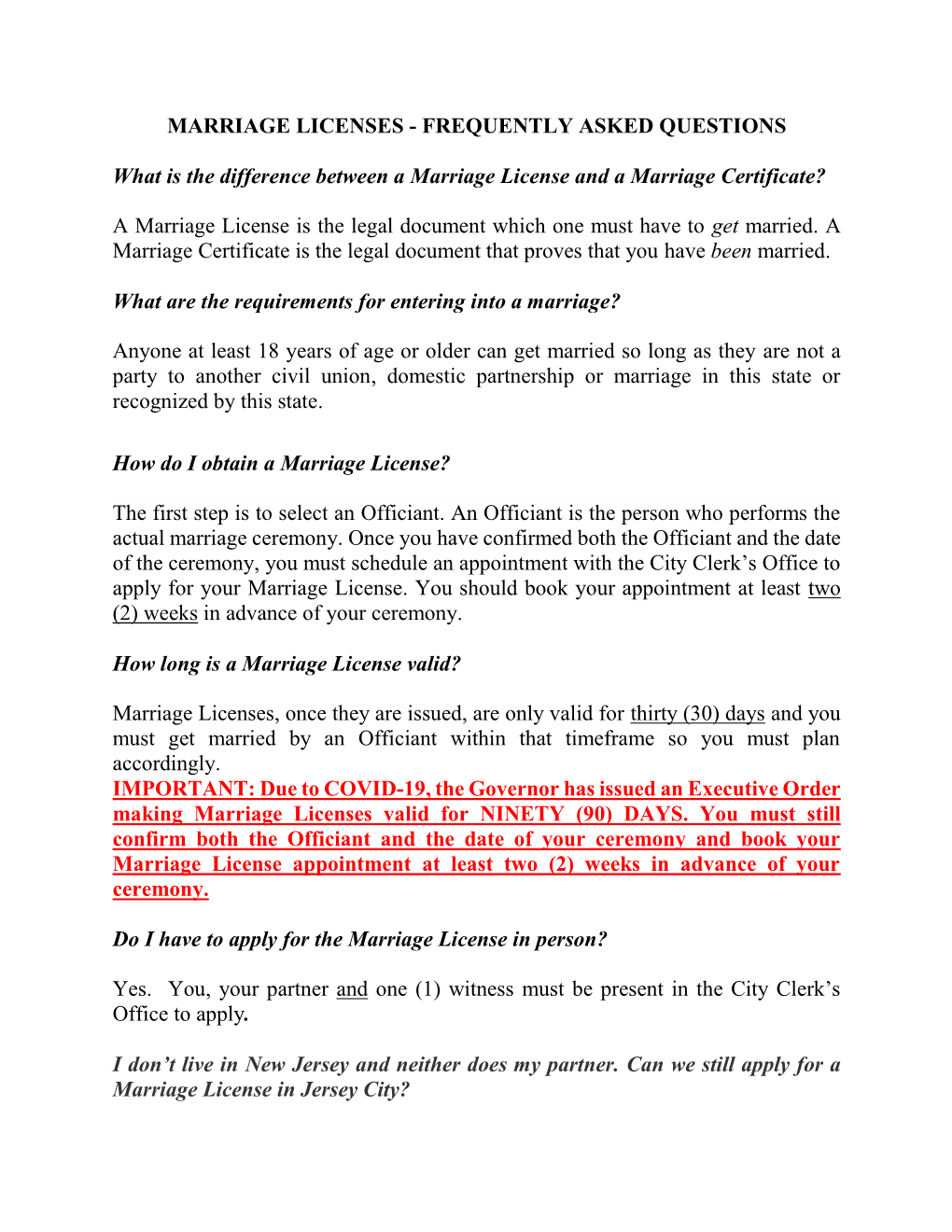 Marriage Licenses - Frequently Asked Questions