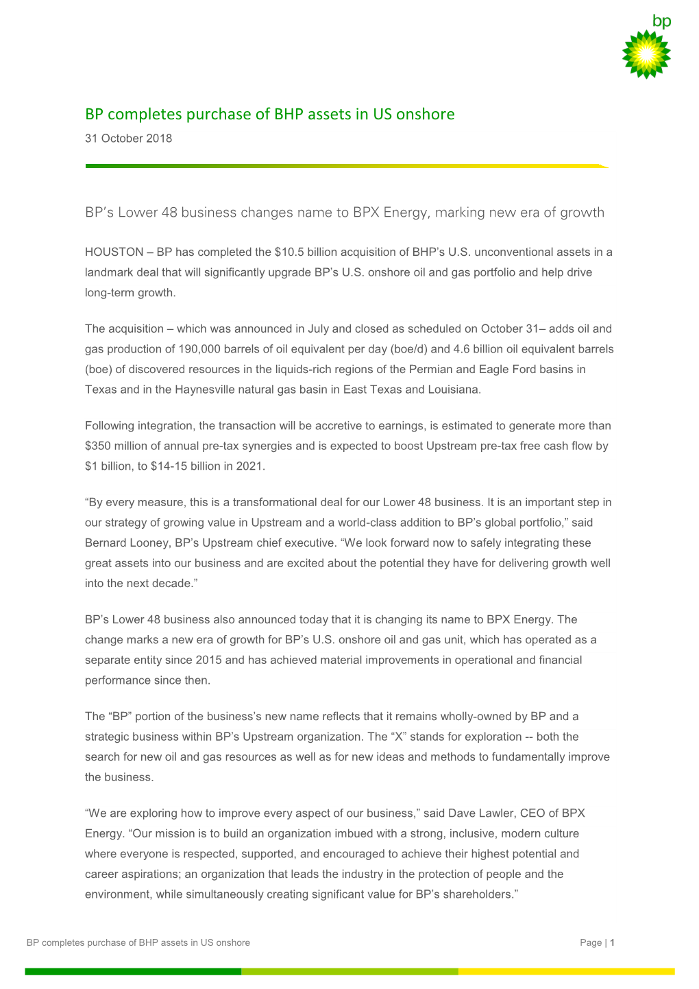 BP Completes Purchase of BHP Assets in US Onshore 31 October 2018