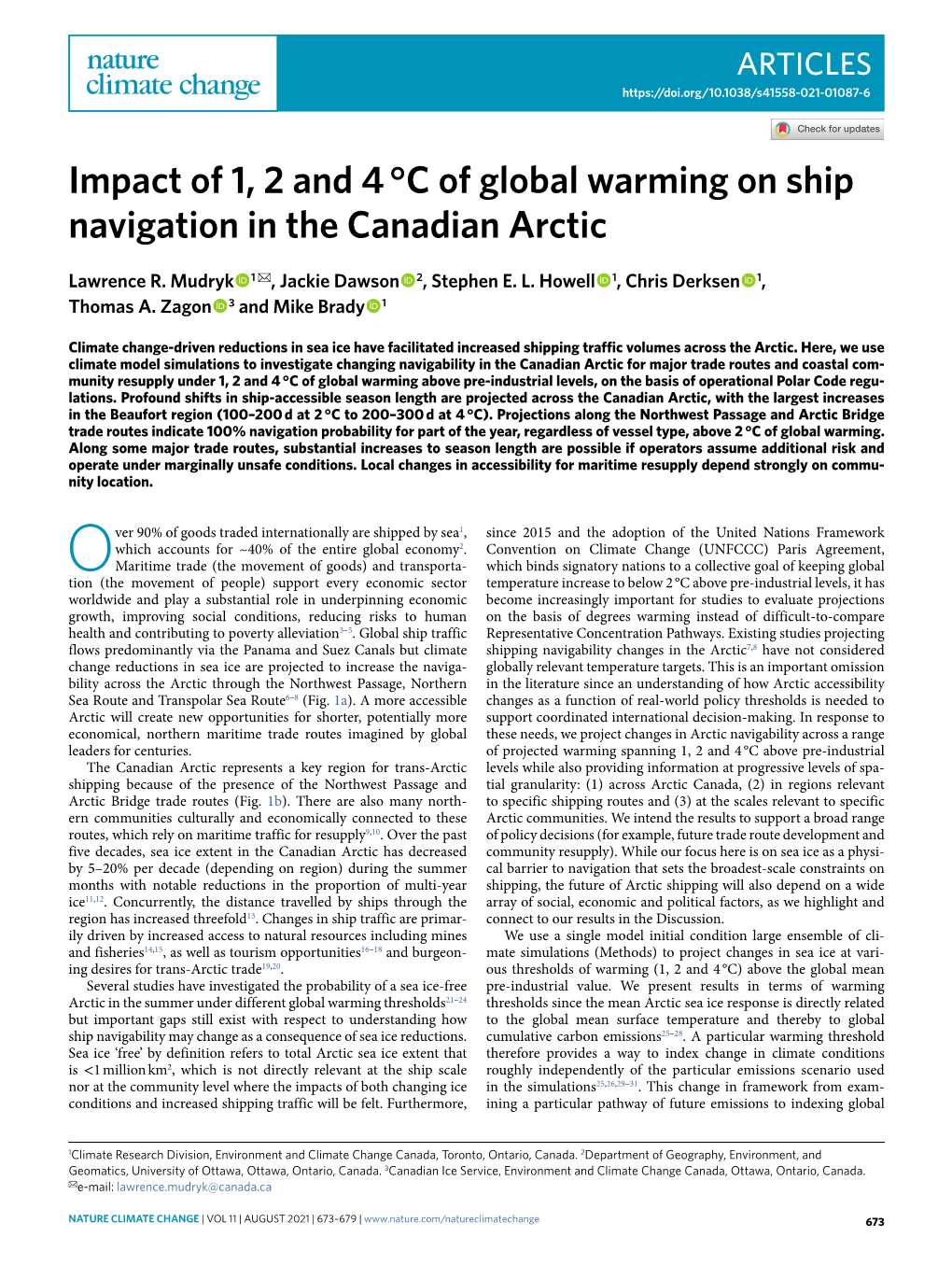 Impact of 1, 2 and 4 °C of Global Warming on Ship Navigation in the Canadian Arctic