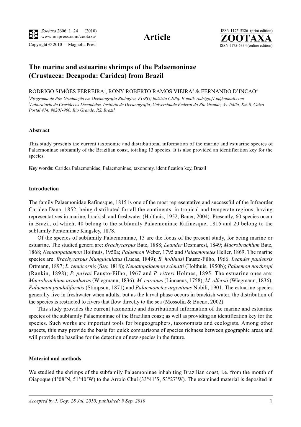 Zootaxa, the Marine and Estuarine Shrimps of the Palaemoninae