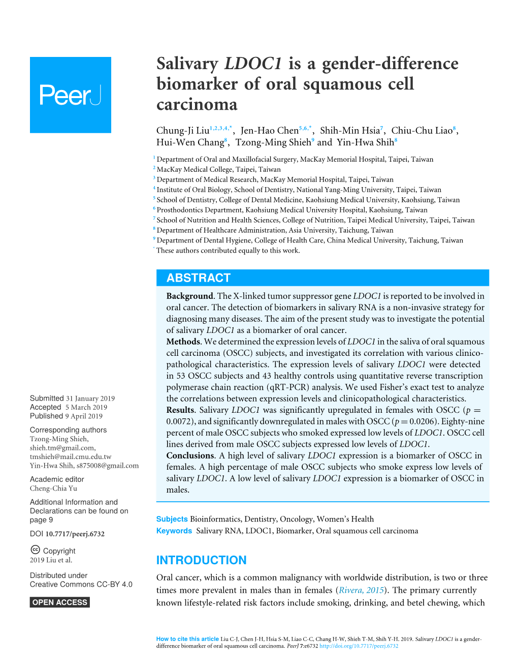 Salivary LDOC1 Is a Gender-Difference Biomarker of Oral Squamous Cell Carcinoma