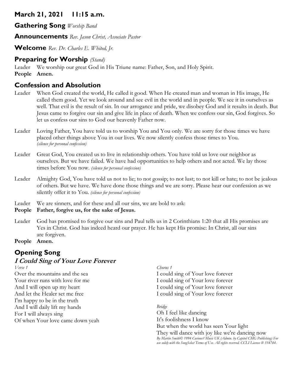 Contemporary Worship Order of Service