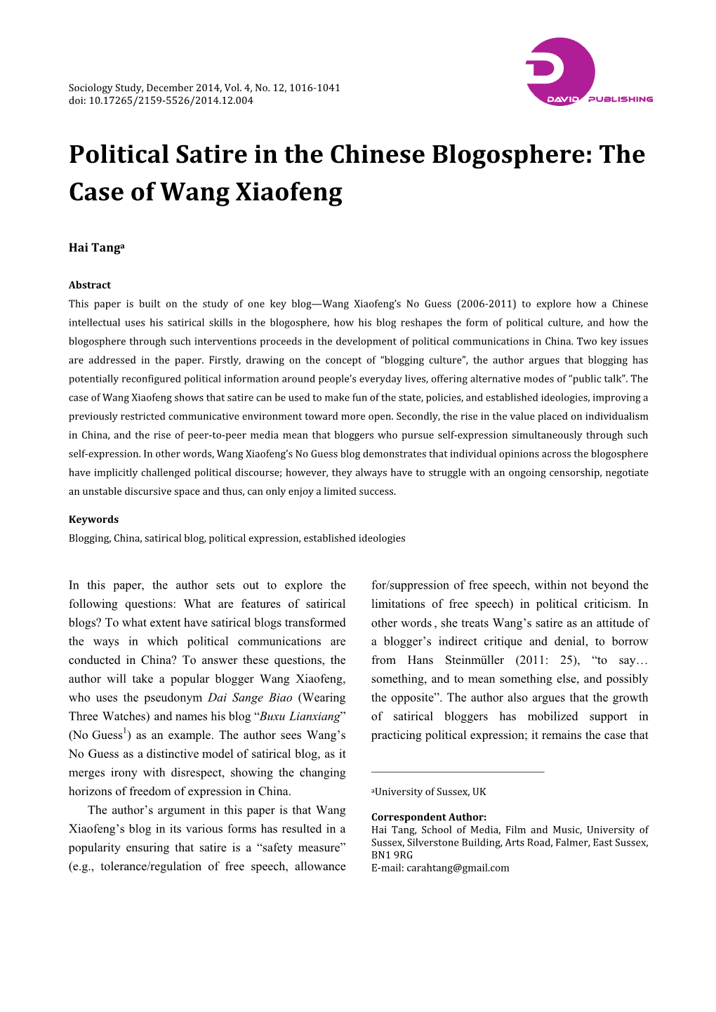 Political Satire in the Chinese Blogosphere: the Case of Wang Xiaofeng