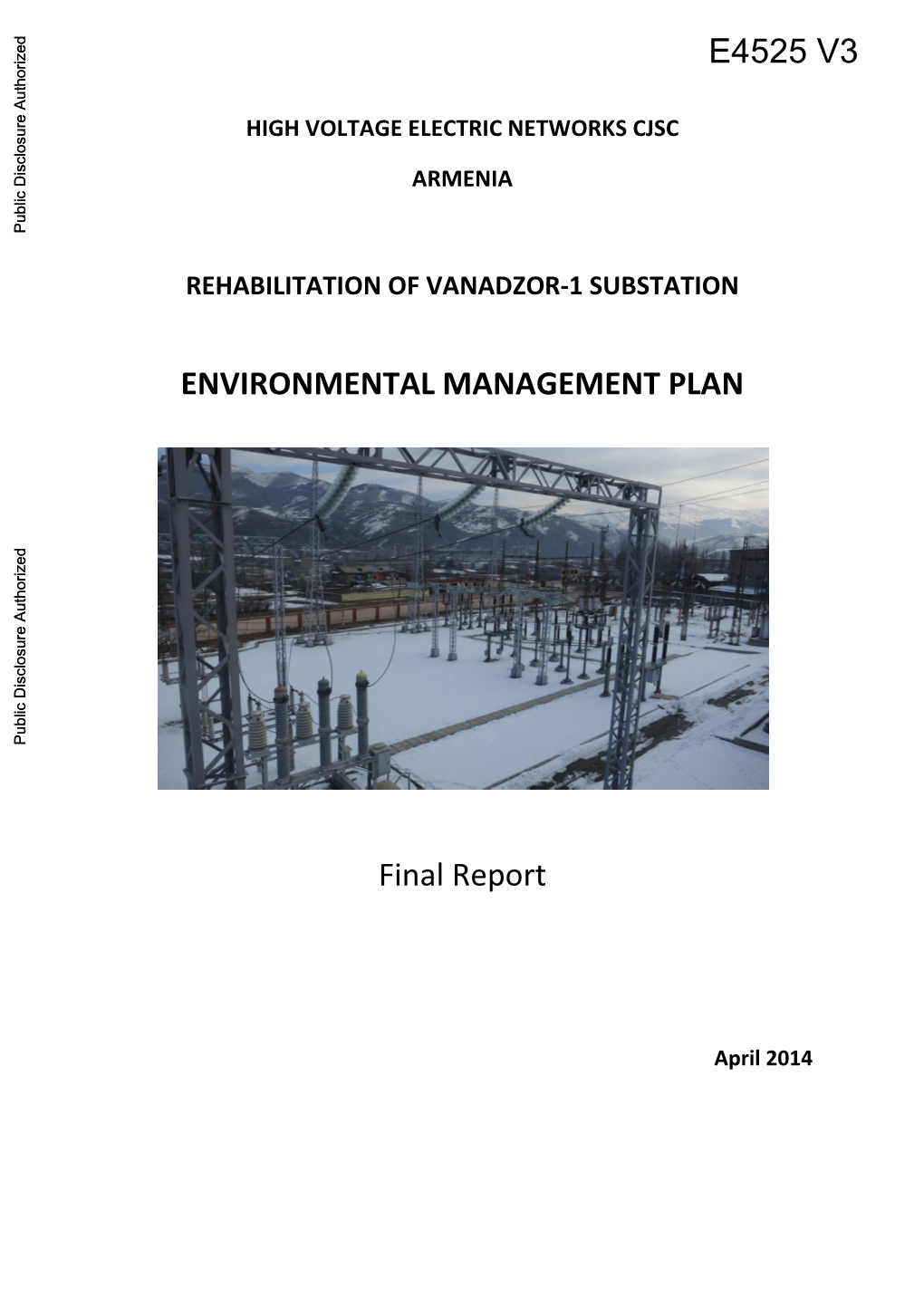 High Voltage Electric Networks Cjsc Armenia Rehabilitation of Vanadzor