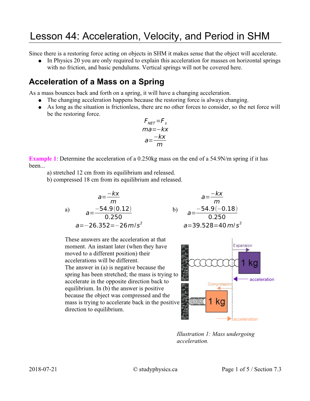 Lesson 44: Acceleration, Velocity, and Period in SHM