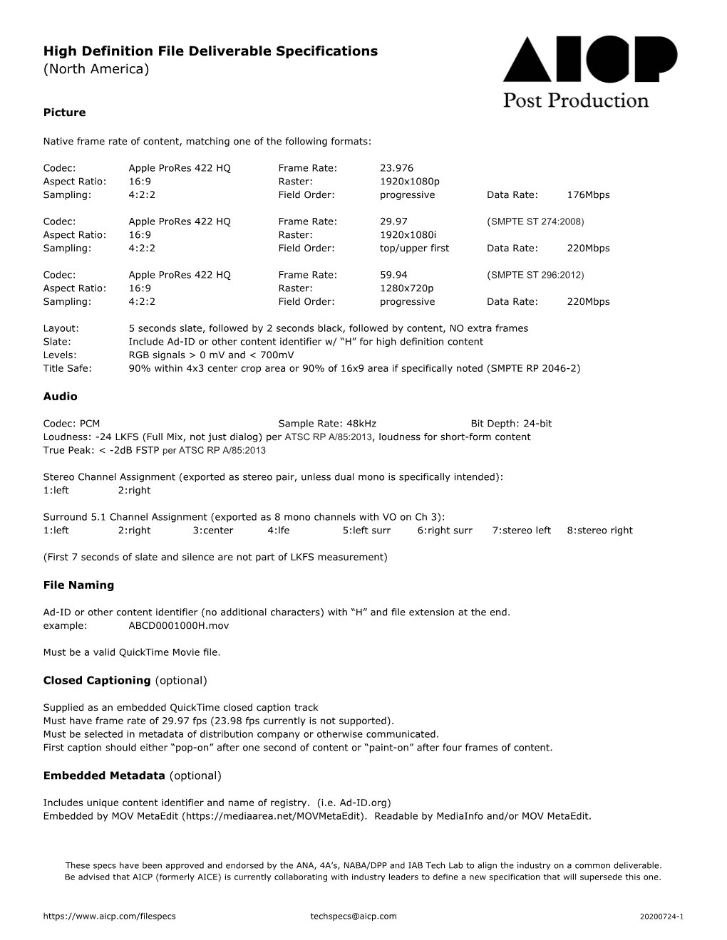 High Definition File Deliverable Specifications (North America)