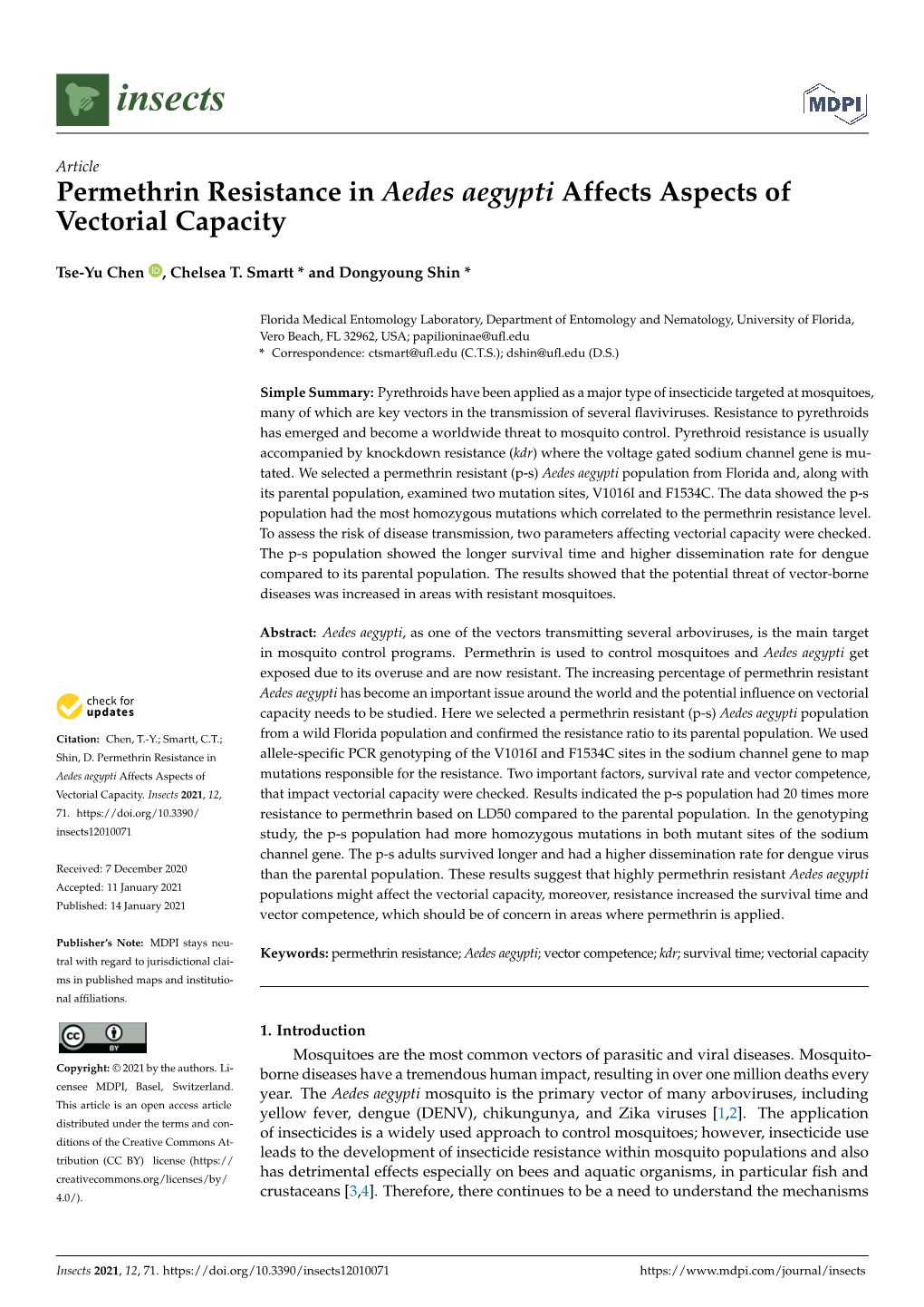 Permethrin Resistance in Aedes Aegypti Affects Aspects of Vectorial Capacity