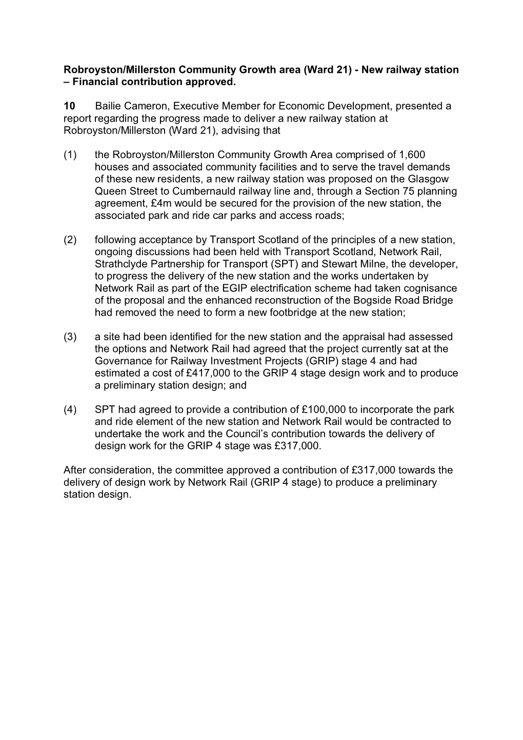 Robroyston/Millerston Community Growth Area (Ward 21) - New Railway Station – Financial Contribution Approved