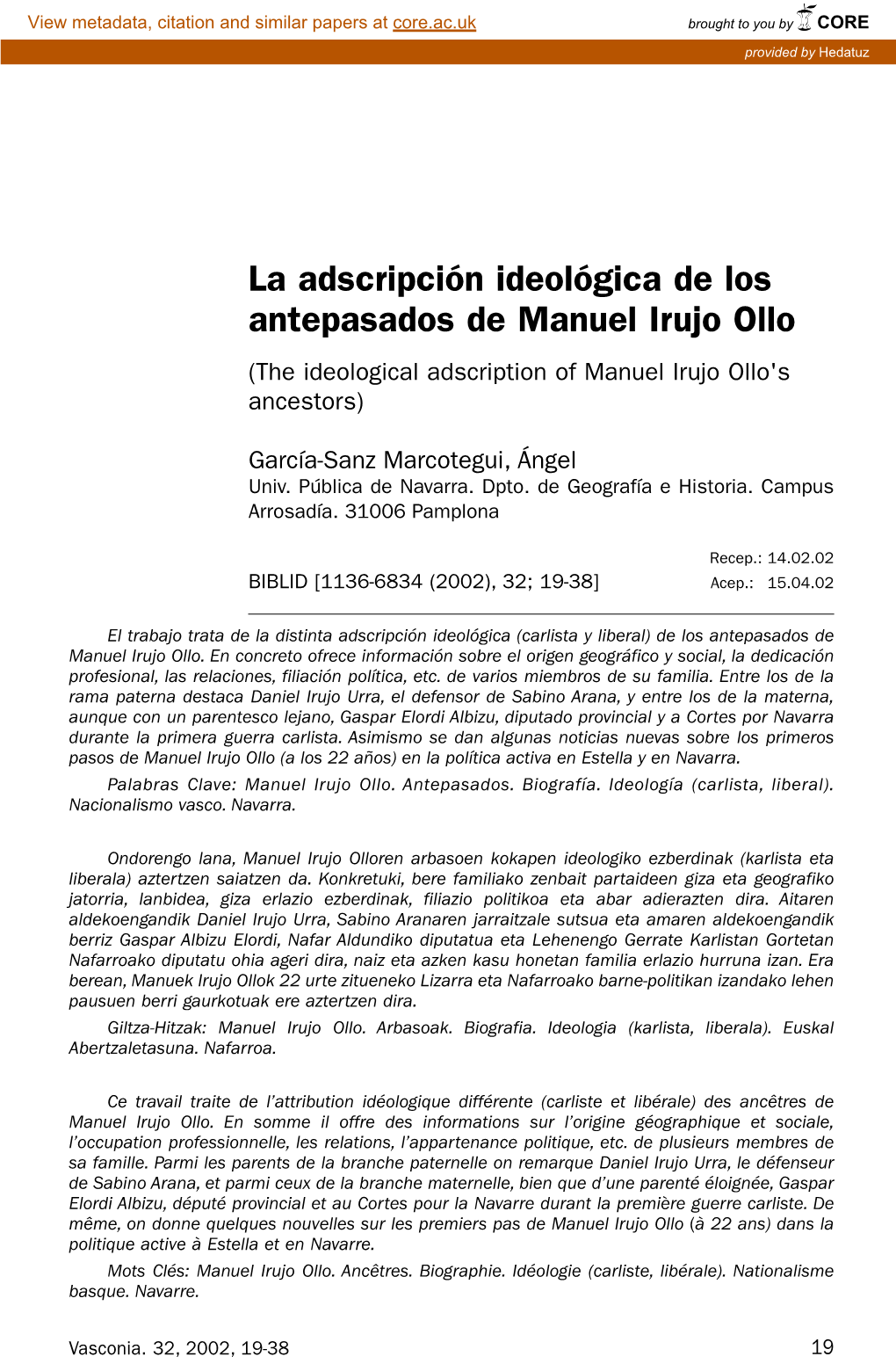 La Adscripción Ideológica De Los Antepasados De Manuel Irujo Ollo (The Ideological Adscription of Manuel Irujo Ollo's Ancestors)