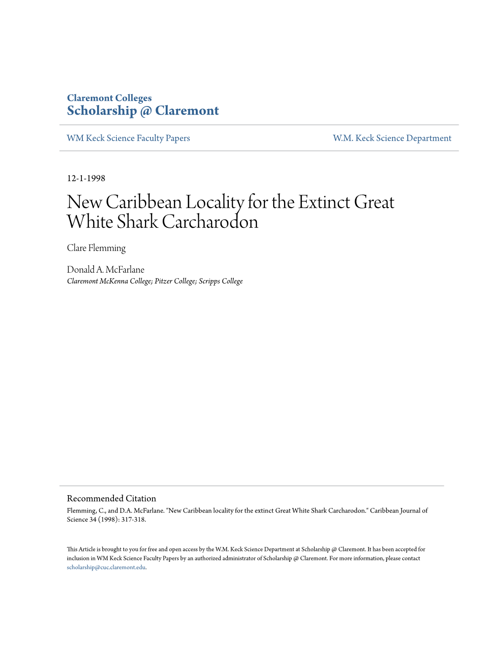 New Caribbean Locality for the Extinct Great White Shark Carcharodon Clare Flemming