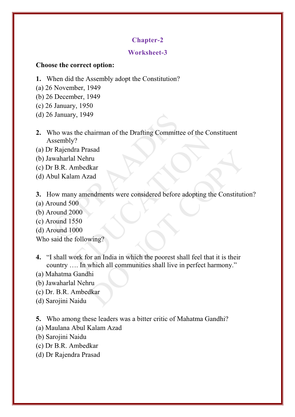 Chapter-2 Worksheet-3 Choose the Correct Option