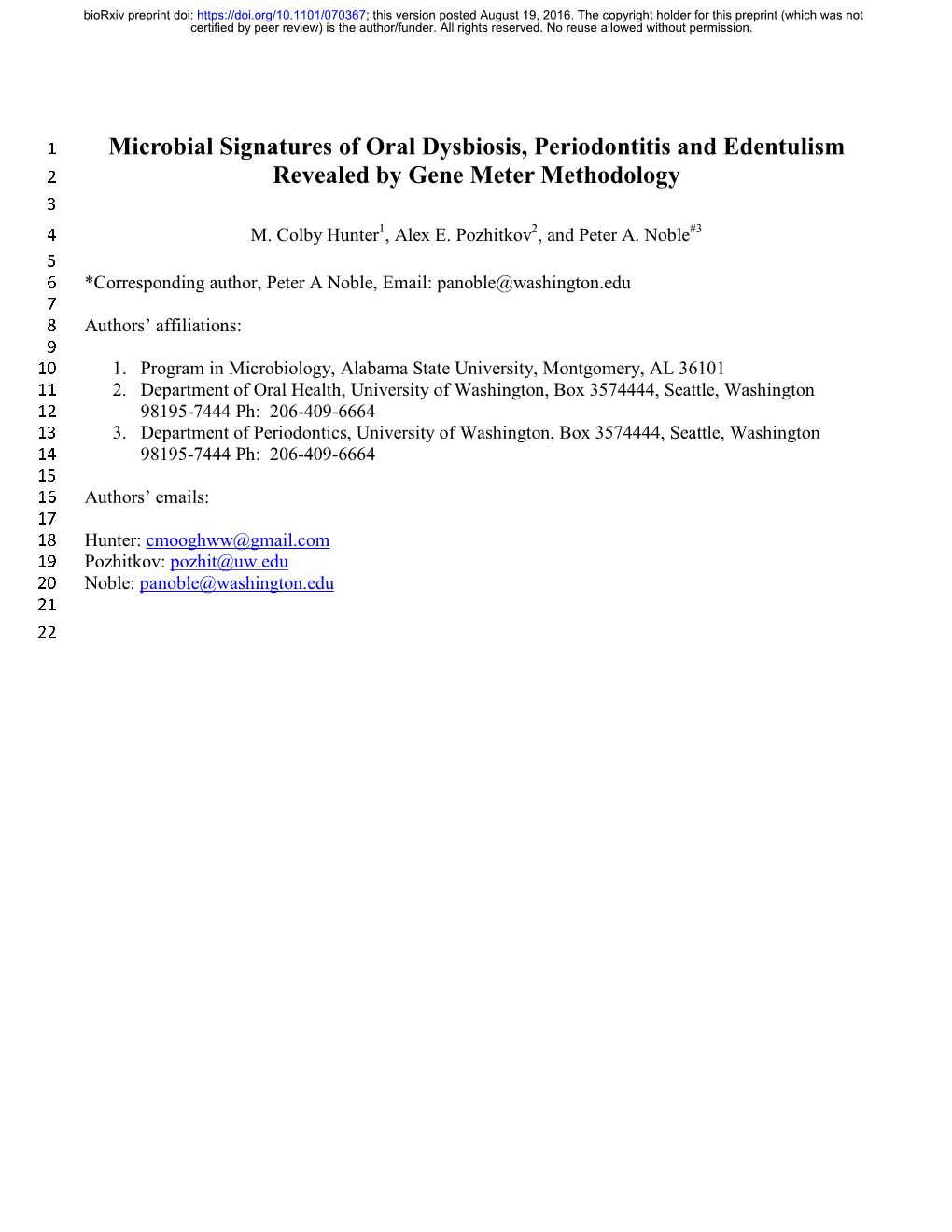 Microbial Signatures of Oral Dysbiosis, Periodontitis and Edentulism 2 Revealed by Gene Meter Methodology 3 4 M