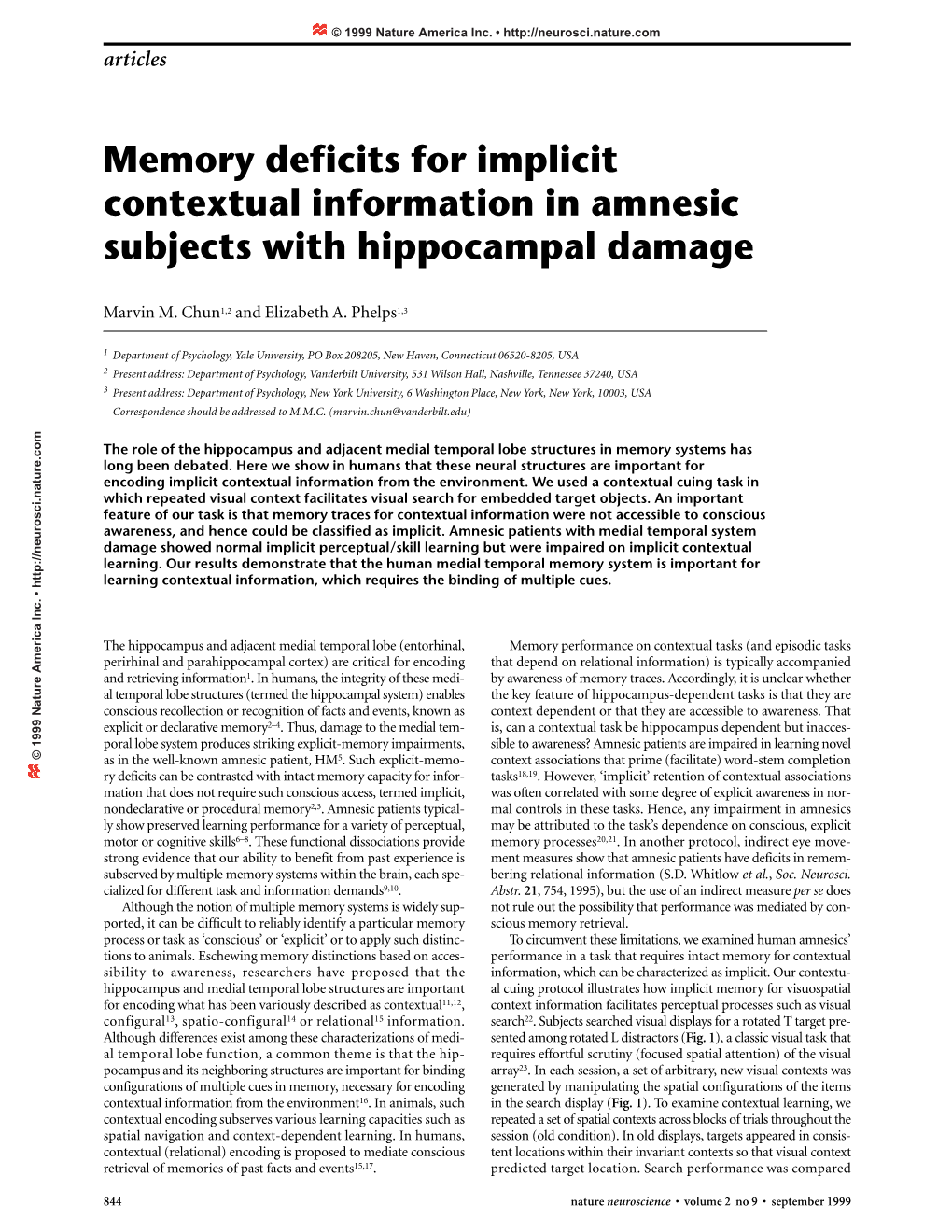 Memory Deficits for Implicit Contextual Information in Amnesic Subjects with Hippocampal Damage