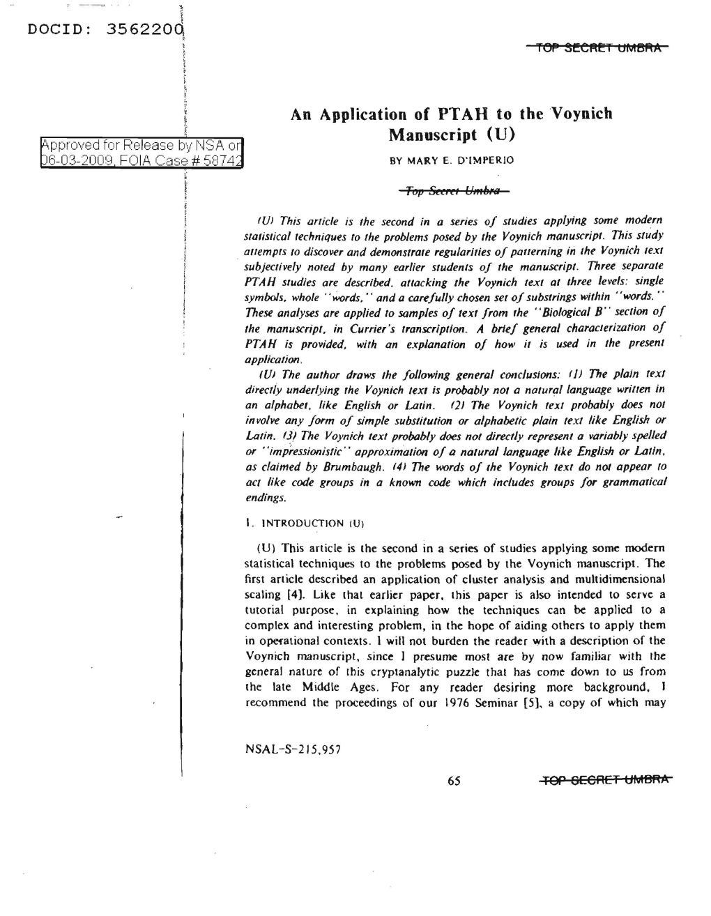 An Application of PTAH to the Voynich Manuscript