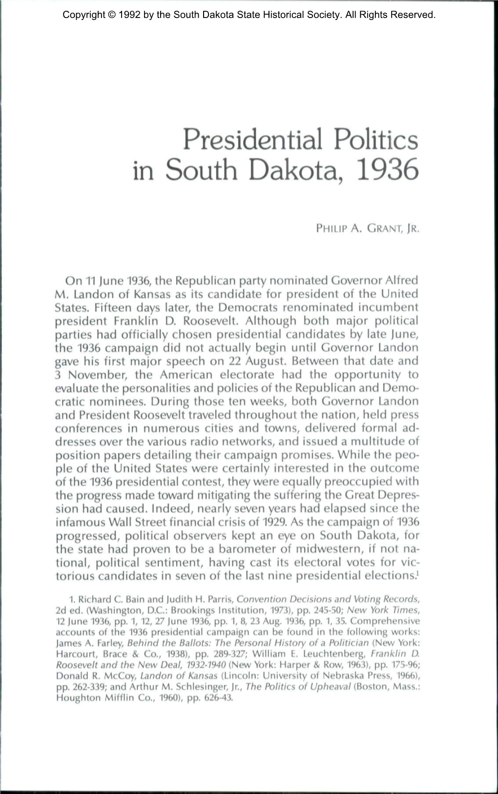 Presidential Politics in South Dakota, 1936