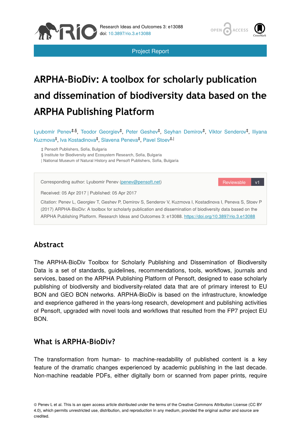 ARPHA-Biodiv: a Toolbox for Scholarly Publication and Dissemination of Biodiversity Data Based on the ARPHA Publishing Platform
