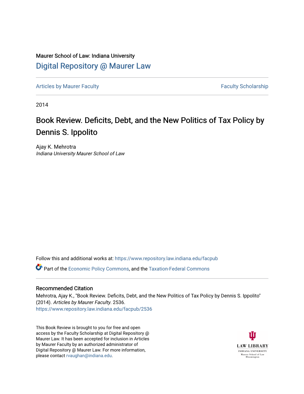 Book Review. Deficits, Debt, and the New Politics of Tax Policy by Dennis S