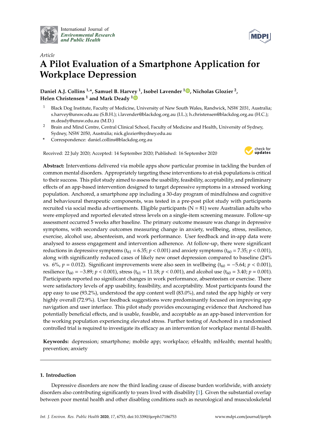 A Pilot Evaluation of a Smartphone Application for Workplace Depression