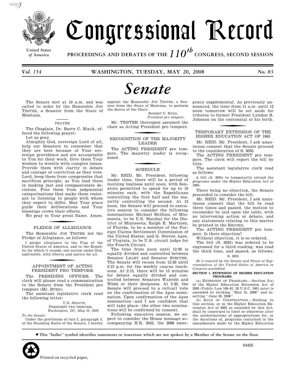 Congressional Record United States Th of America PROCEEDINGS and DEBATES of the 110 CONGRESS, SECOND SESSION