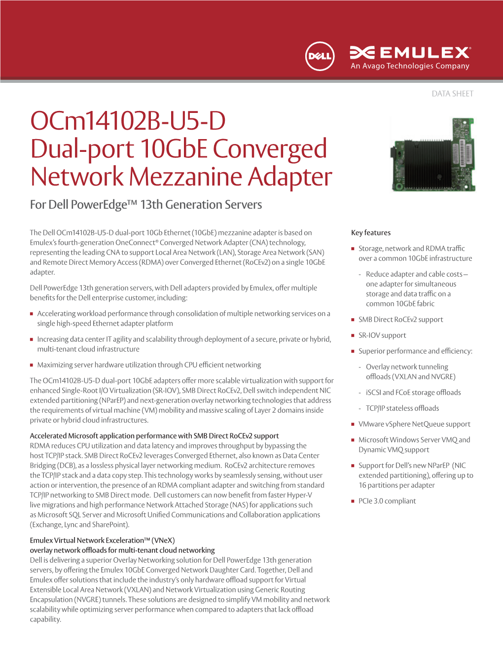 Ocm14102b-U5-D Dual-Port 10Gbe Converged Network Mezzanine Adapter for Dell Poweredge™ 13Th Generation Servers