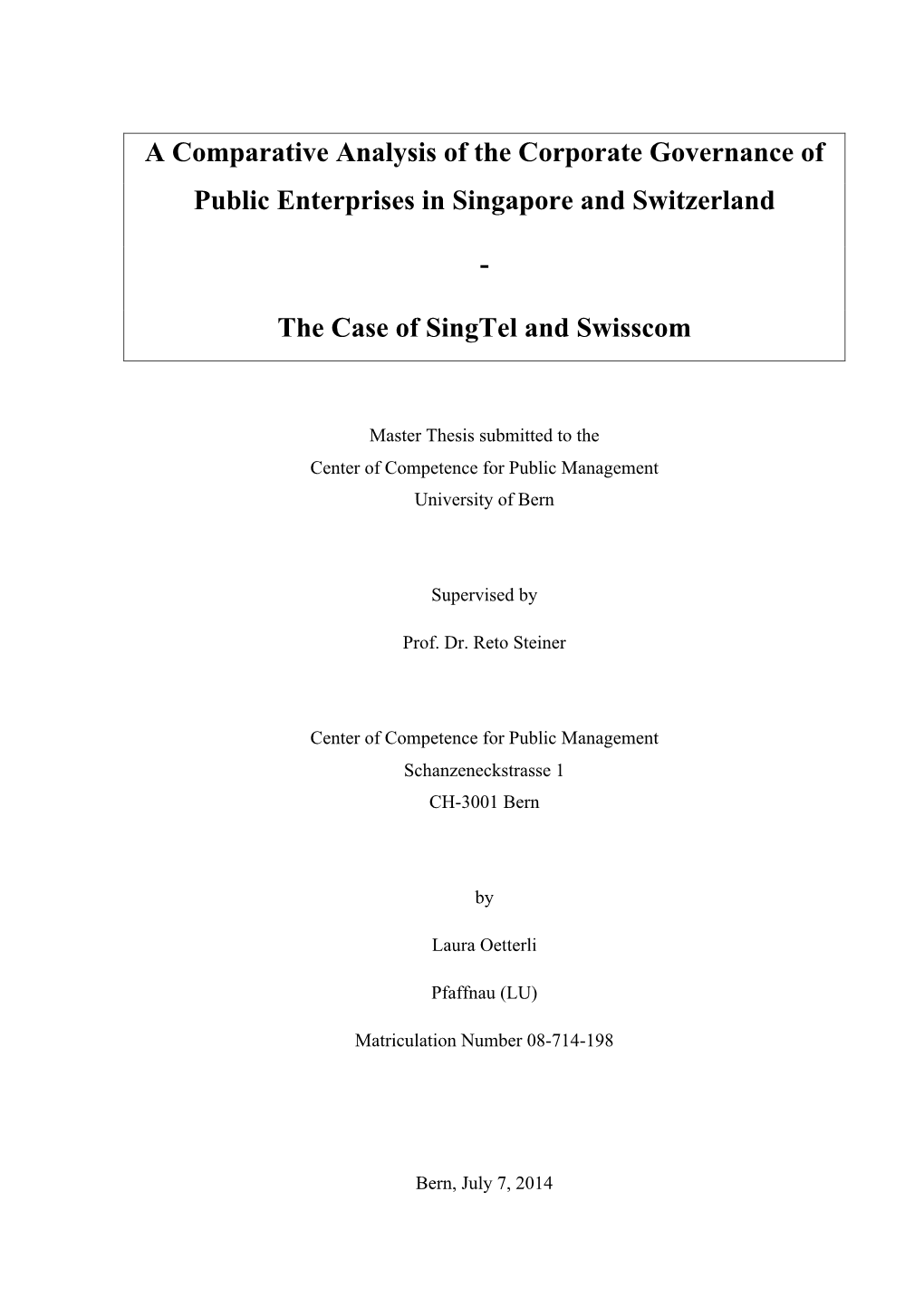 A Comparative Analysis of the Corporate Governance of Public Enterprises in Singapore and Switzerland