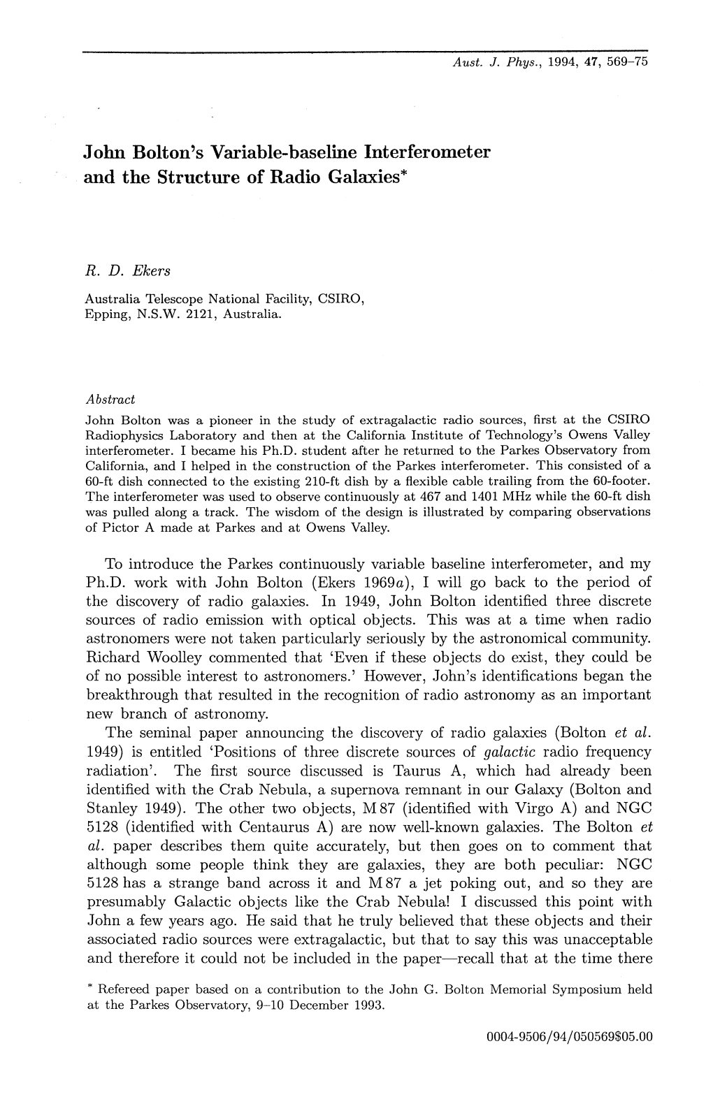 John Bolton's Variable-Baseline Interferometer and the Structure of Radio Galaxies*