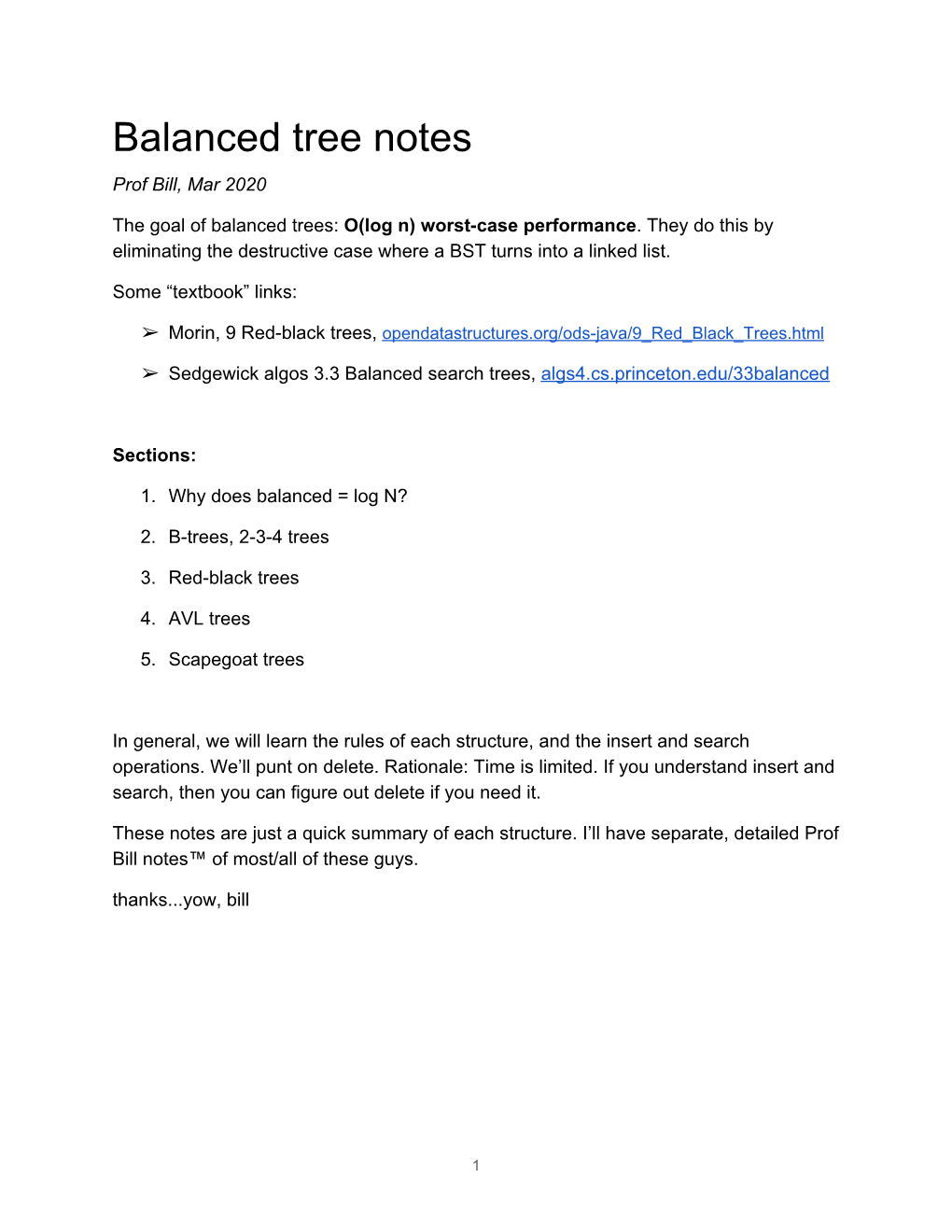 Balanced Tree Notes Prof Bill, Mar 2020
