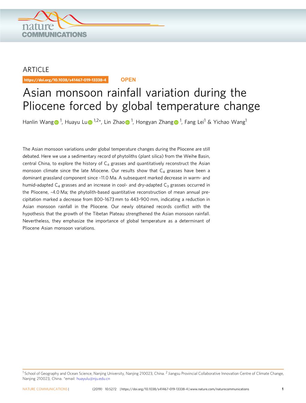 Asian Monsoon Rainfall Variation During the Pliocene Forced by Global Temperature Change