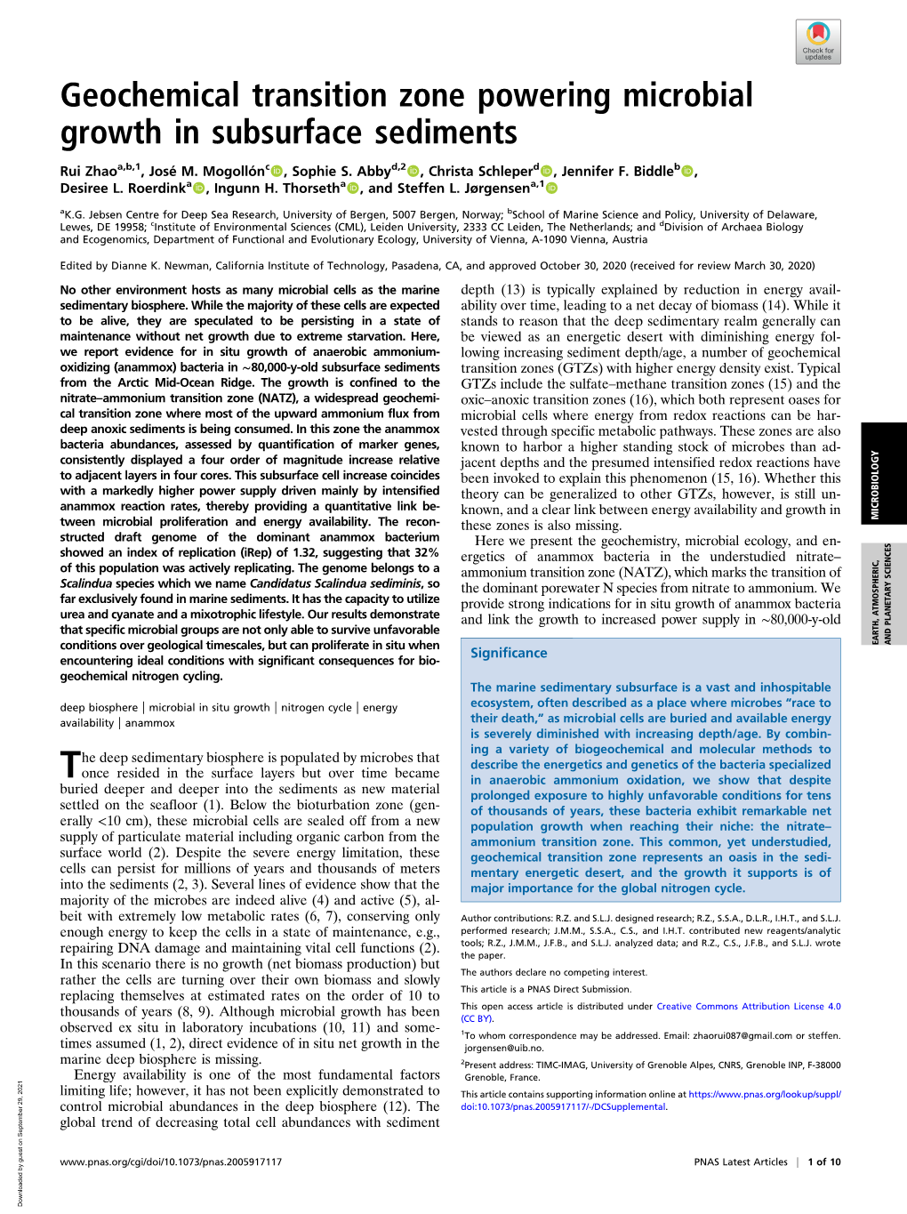 Geochemical Transition Zone Powering Microbial Growth in Subsurface Sediments