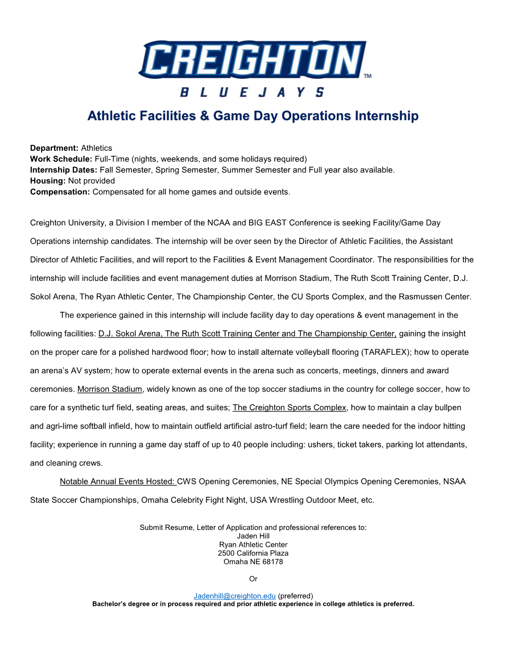 Athletic Facilities & Game Day Operations Internship