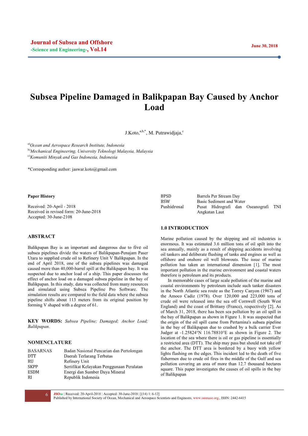 Subsea Pipeline Damaged in Balikpapan Bay Caused by Anchor Load