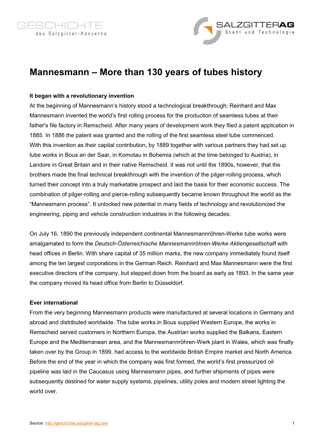 Mannesmann – More Than 130 Years of Tubes History