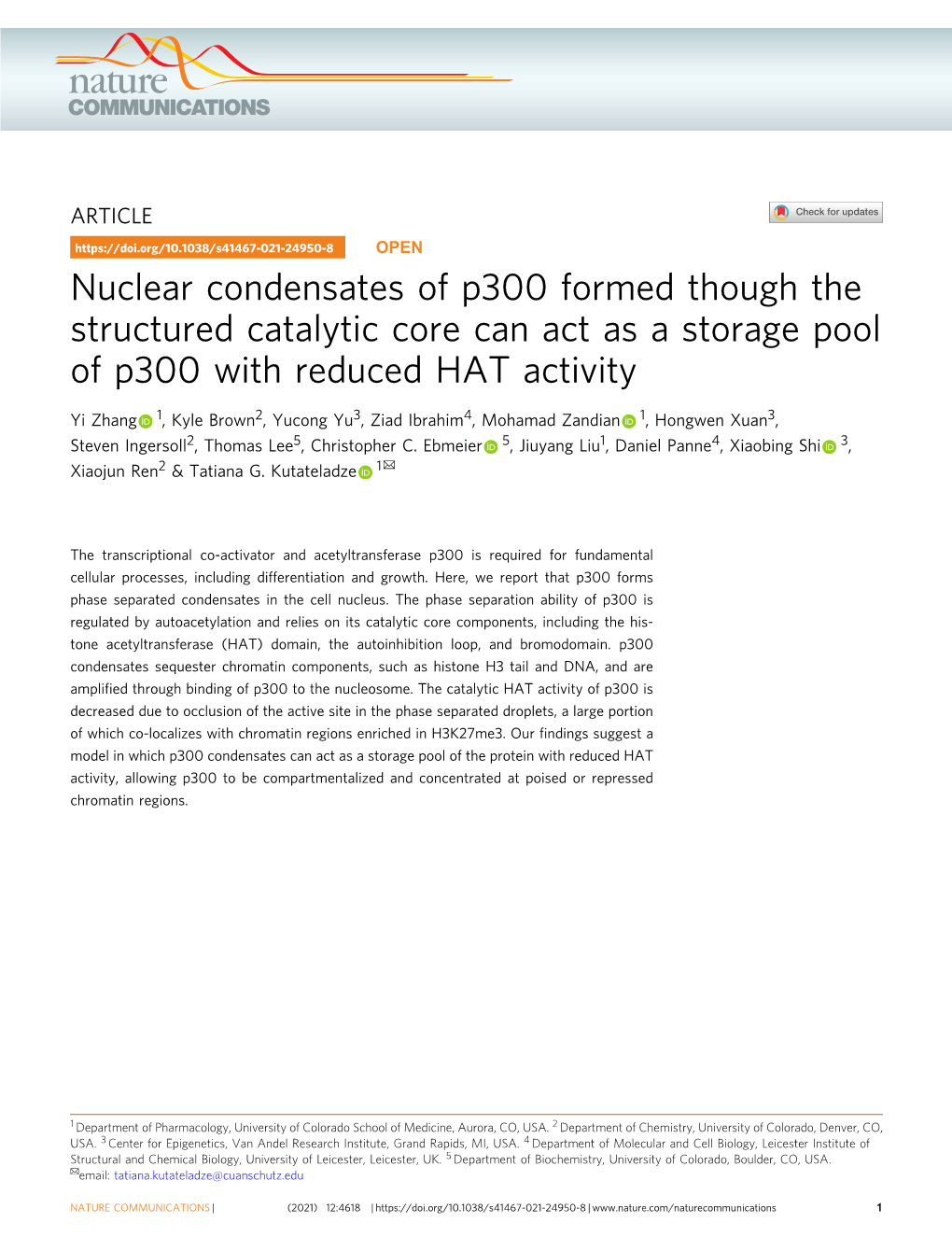 Nuclear Condensates of P300 Formed Though the Structured Catalytic Core Can Act As a Storage Pool of P300 with Reduced HAT Activity