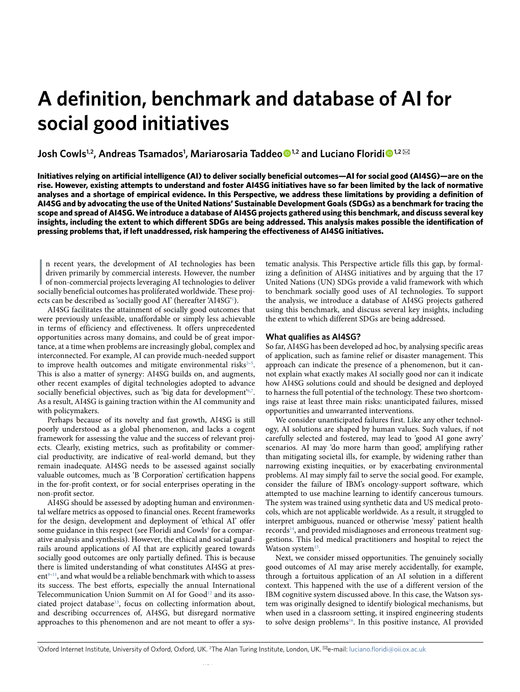 A Definition, Benchmark and Database of AI for Social Good Initiatives