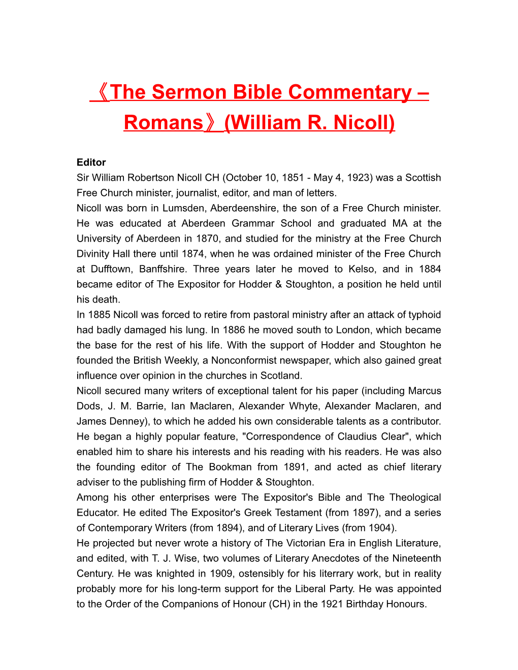 The Sermon Bible Commentary Romans (William R. Nicoll)