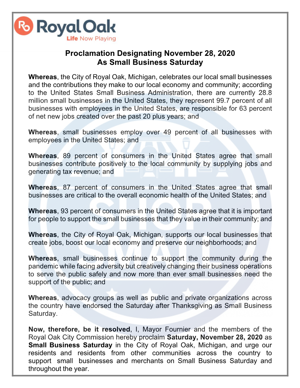 Proclamation Designating November 28, 2020 As Small Business Saturday