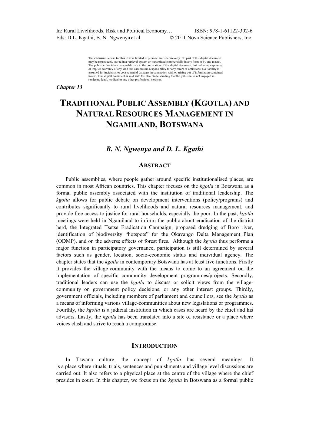 Kgotla) and Natural Resources Management in Ngamiland, Botswana