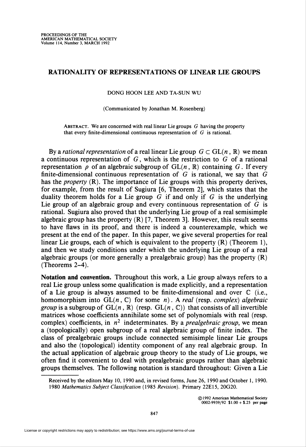 Rationality of Representations of Linear Lie Groups