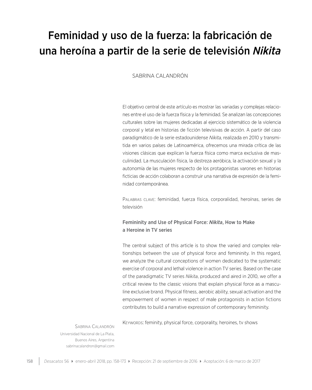 Feminidad Y Uso De La Fuerza: La Fabricación De Una Heroína a Partir De La Serie De Televisión Nikita