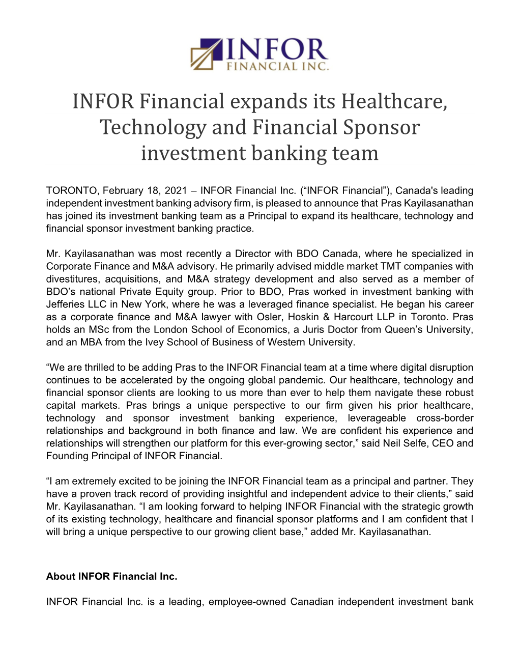 INFOR Financial Expands Its Healthcare, Technology and Financial Sponsor Investment Banking Team