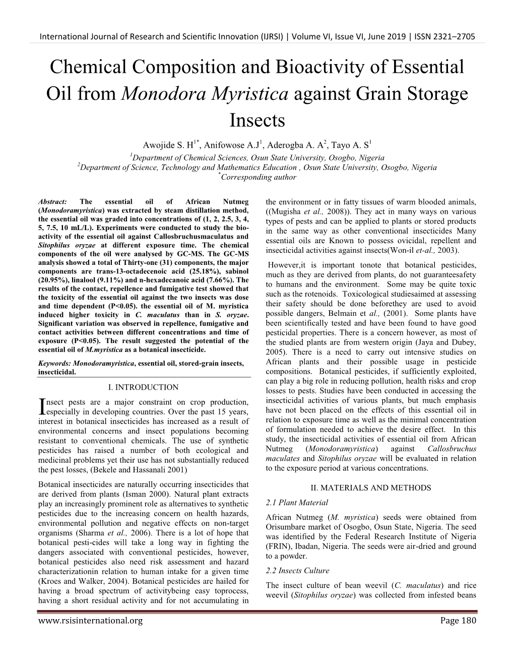 Chemical Composition and Bioactivity of Essential Oil from Monodora Myristica Against Grain Storage Insects