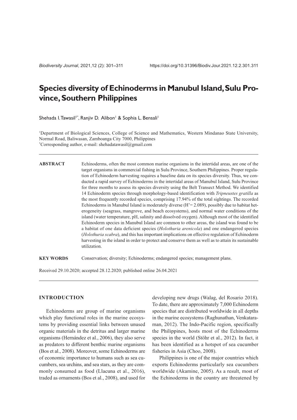 Species Diversity of Echinoderms in Manubul Island, Sulu Pro- Vince, Southern Philippines