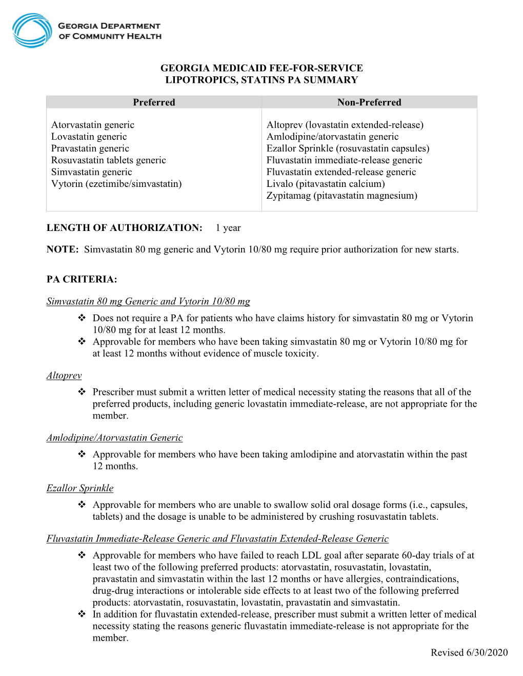 Lipotropics, Statins Pa Summary