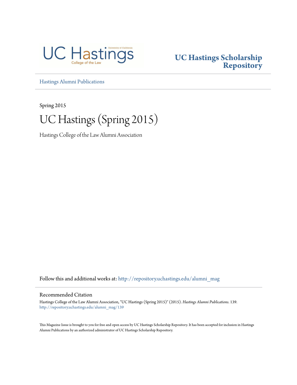 UC Hastings (Spring 2015) Hastings College of the Law Alumni Association