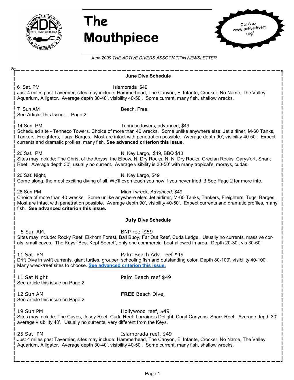 June 2009 the ACTIVE DIVERS ASSOCIATION NEWSLETTER